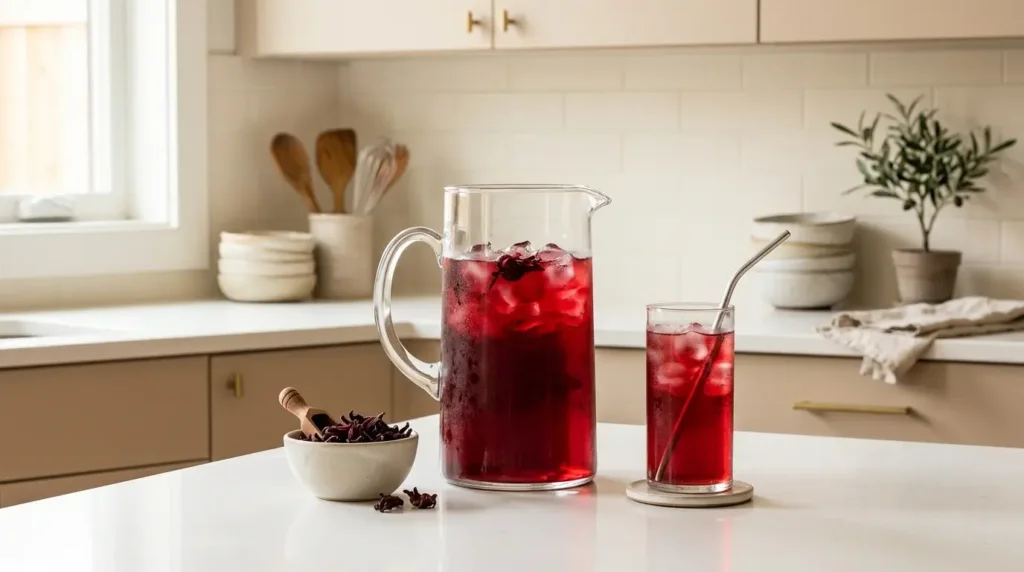 hibiscus tea weight loss daily routine — cold brew pitcher and glass on white kitchen counter for consistent daily habit