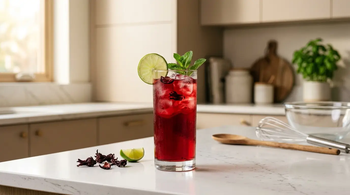 hibiscus tea for weight loss — tall glass of cold hibiscus iced tea with lime on white kitchen counter