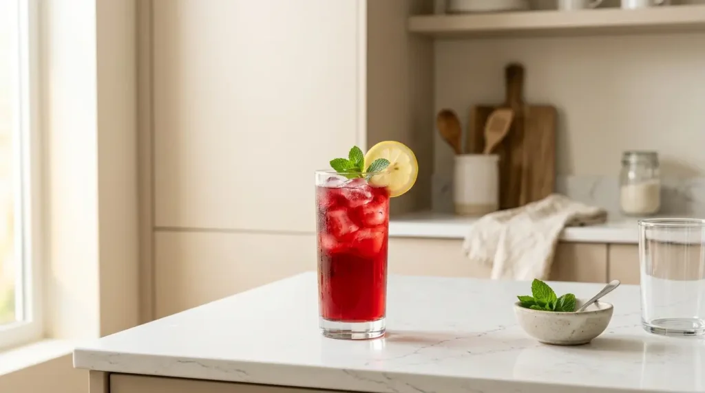 cold hibiscus tea over ice as part of a daily wellness routine for women's weight management