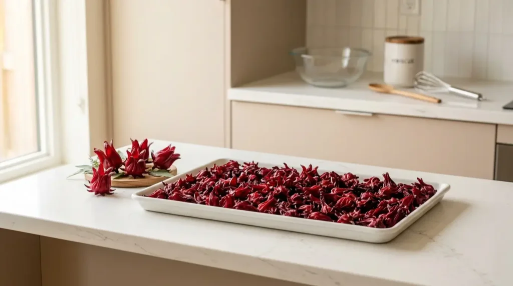 how to dry hibiscus flowers for tea — fresh red hibiscus calyces spread on a white tray on kitchen counter