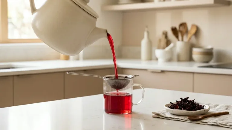 how to make hibiscus tea — pouring deep red hibiscus tea through a strainer into a glass mug on white kitchen counter