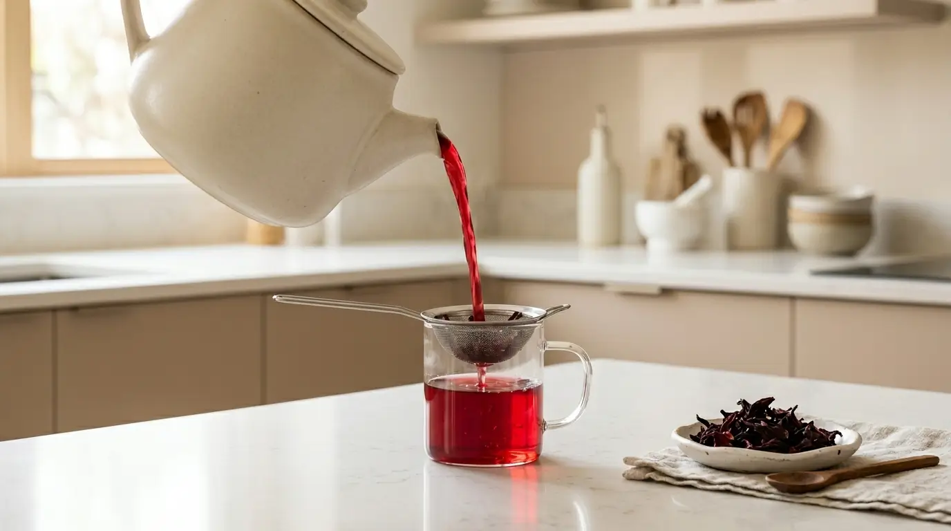 how to make hibiscus tea — pouring deep red hibiscus tea through a strainer into a glass mug on white kitchen counter
