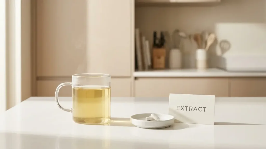 milk thistle tea versus supplement extract comparison — glass of milk thistle tea beside supplement tablets on white kitchen counter