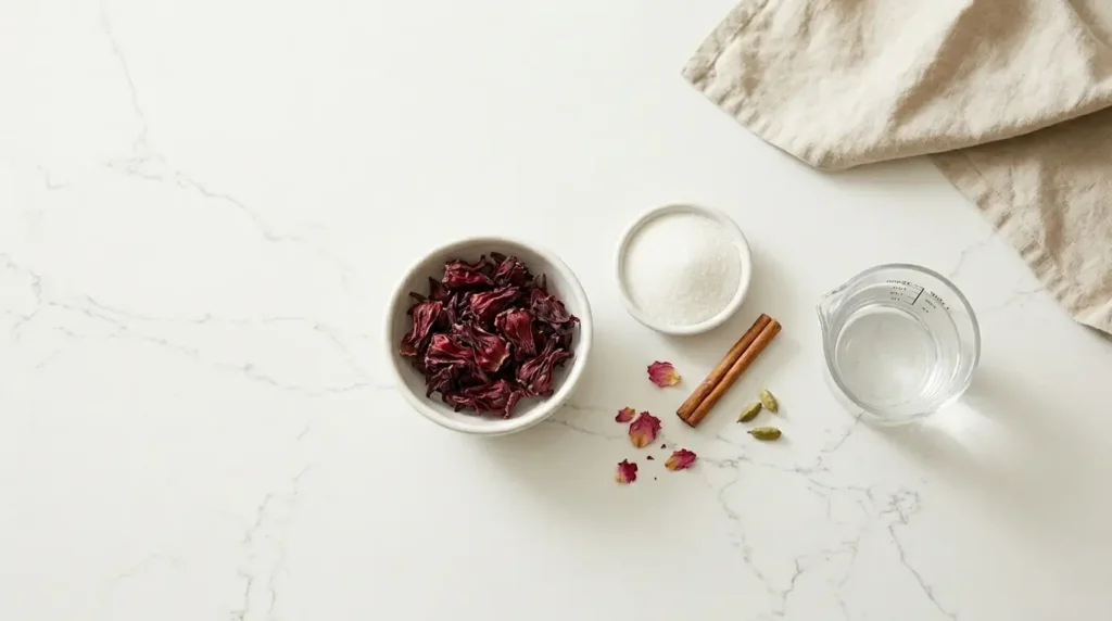 karkade tea served hot and cold side by side on white kitchen counter