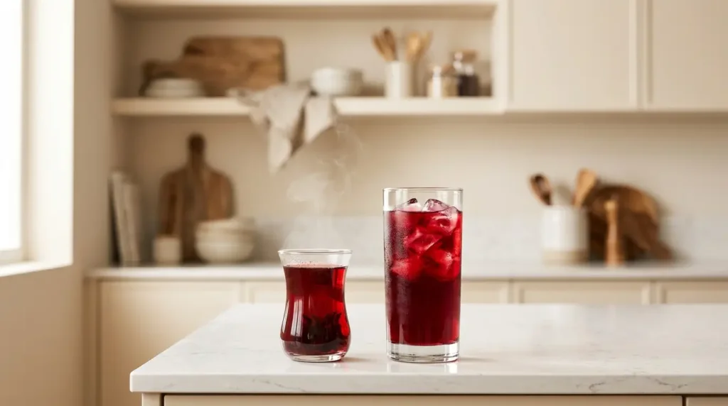 karkade tea recipe ingredients flat lay — dried hibiscus flowers, sugar, cinnamon and cardamom on white kitchen counter