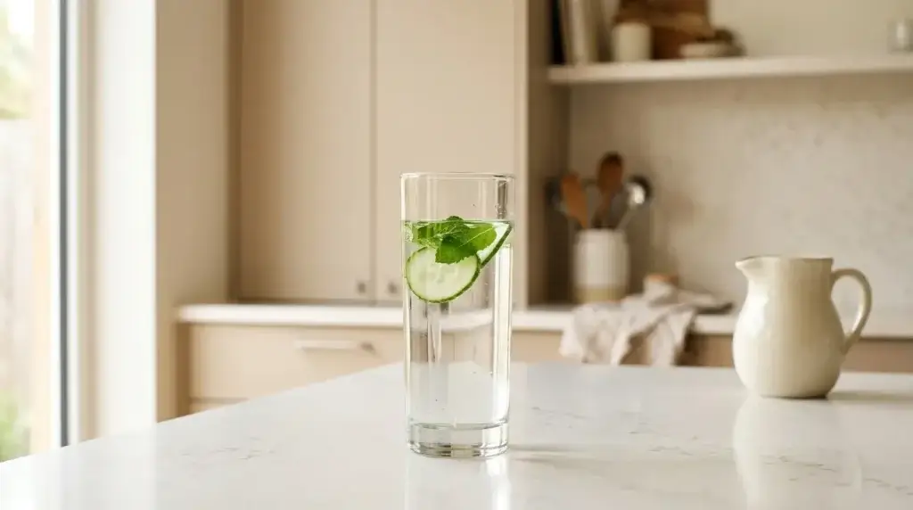 kidney-safe hydration alternative to hibiscus tea — cucumber mint water in a clear glass