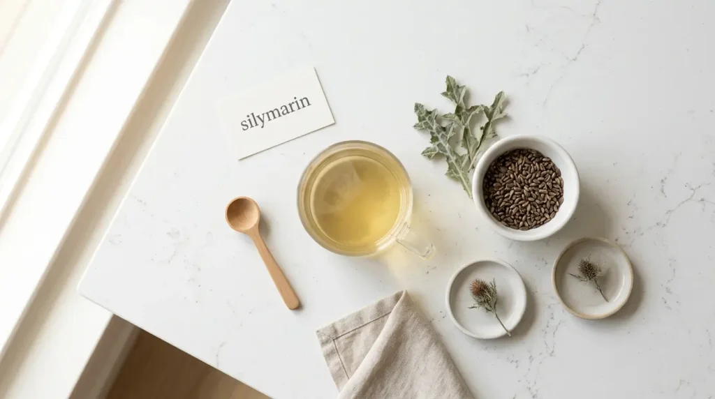 milk thistle silymarin liver tea — flat lay of milk thistle tea with dried seeds and silymarin label on white kitchen counter