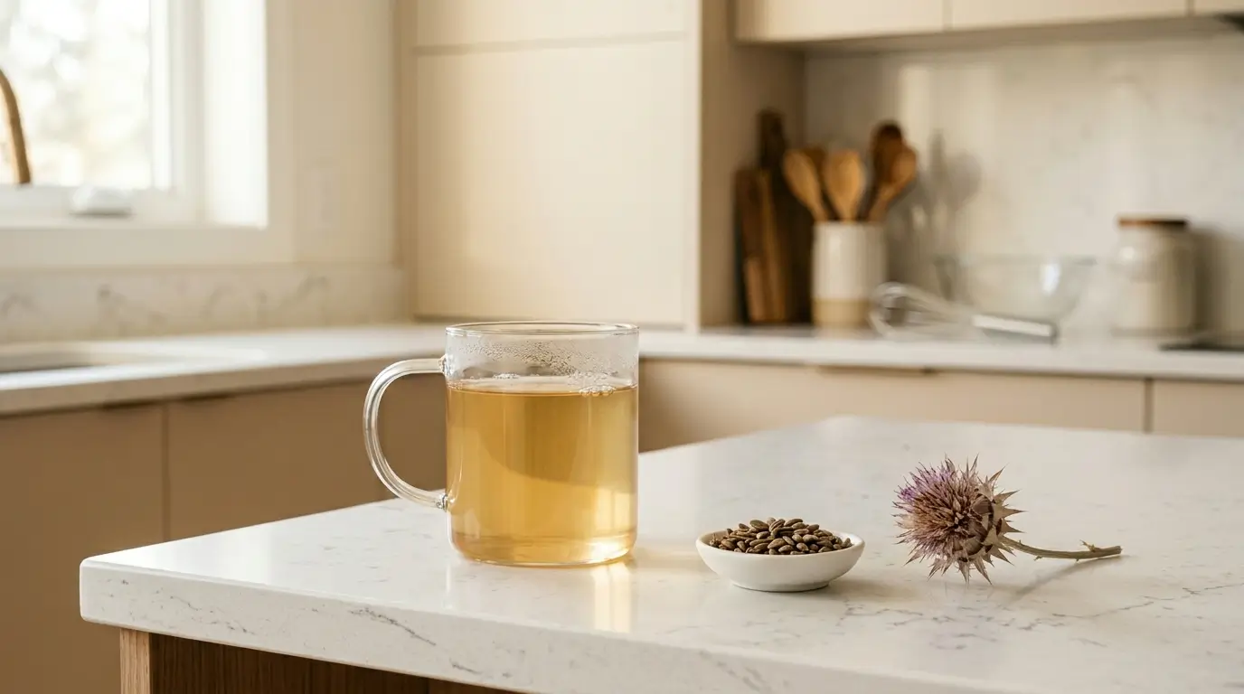 milk thistle tea benefits — glass mug of golden amber milk thistle tea with dried seeds and flower on white kitchen counter
