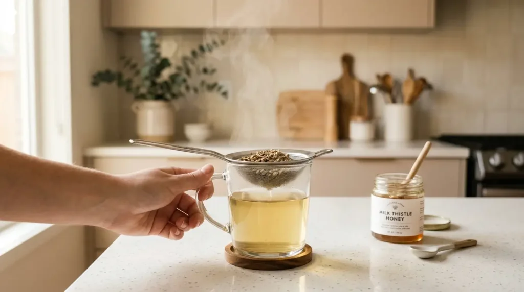 how to make milk thistle tea — glass mug with strainer and dried milk thistle seeds being prepared with honey on white kitchen counter

