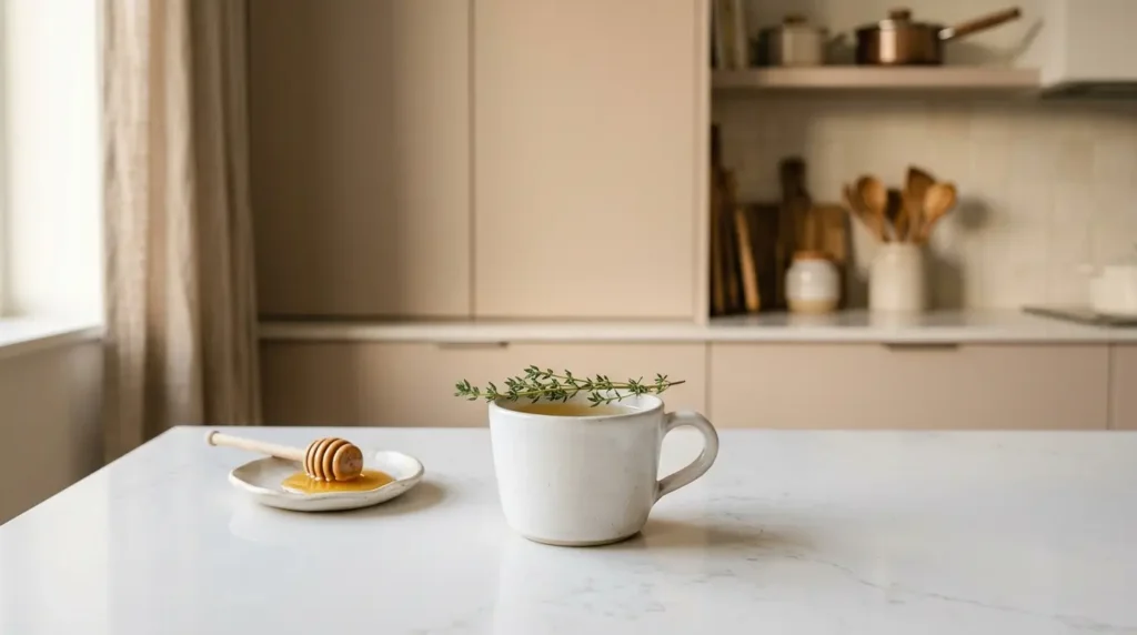 mullein tea evening ritual for respiratory soothing — small ceramic mug of golden mullein tea with thyme and honey on white kitchen counter