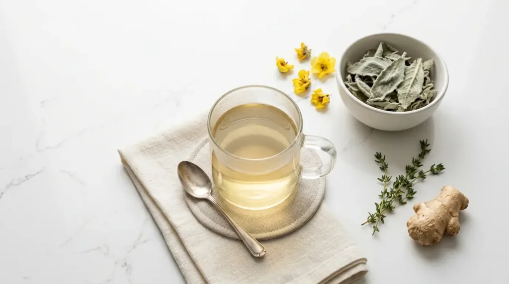 mullein tea for respiratory and lung health — flat lay of mullein tea with dried leaves flowers thyme and ginger on white kitchen counter