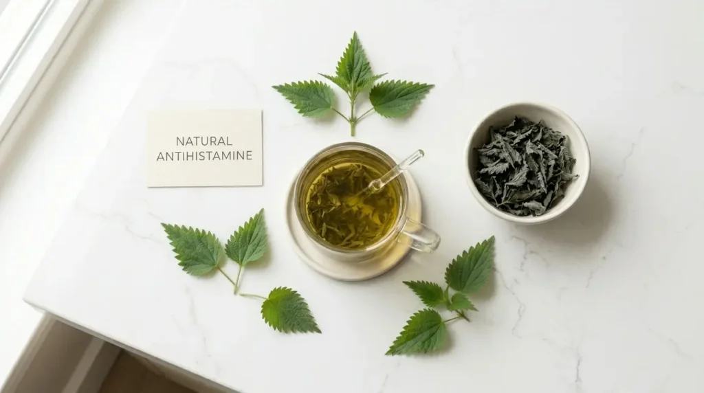 nettle tea for allergies — flat lay of nettle tea with dried and fresh nettle leaves and natural antihistamine label on white kitchen counter