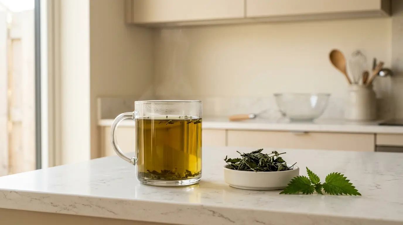 nettle tea benefits — clear glass mug of golden-green nettle tea with dried nettle leaves on white kitchen counter