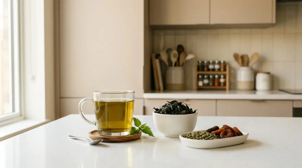 nettle tea iron and nutrition — glass of nettle tea with dried nettle leaves and iron-rich foods on white kitchen counter