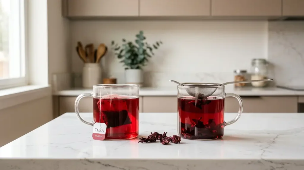 pipi tea bag versus loose leaf hibiscus tea side by side — comparing convenience and quality on white kitchen counter