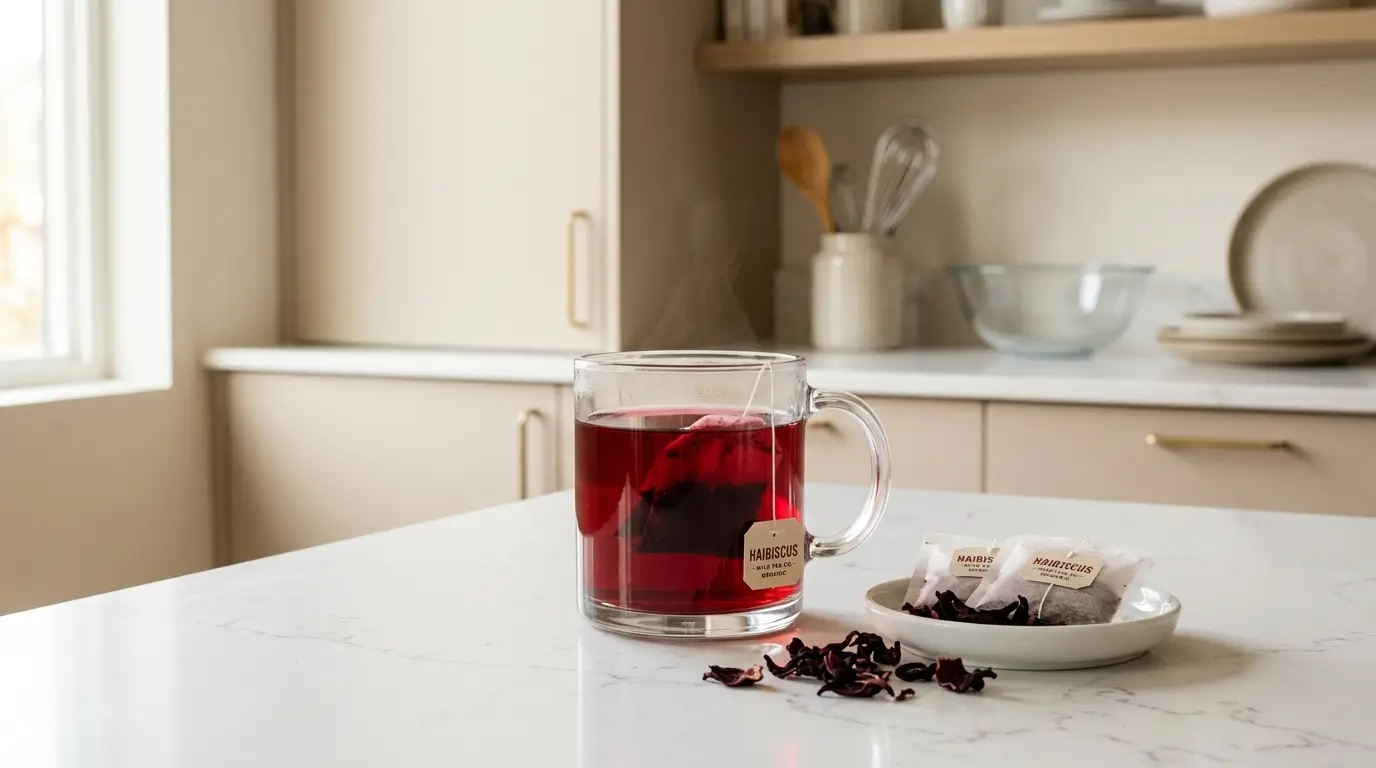 pipi tea hibiscus — glass mug of red hibiscus tea with tea bag on white kitchen counter