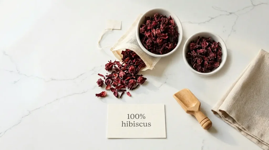 pipi tea ingredients — open tea bag with dried hibiscus calyces showing 100% hibiscus content on white kitchen counter