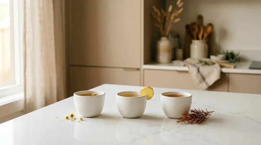 pregnancy safe herbal teas — chamomile ginger and rooibos in small white cups as safe alternatives to hibiscus tea during pregnancy