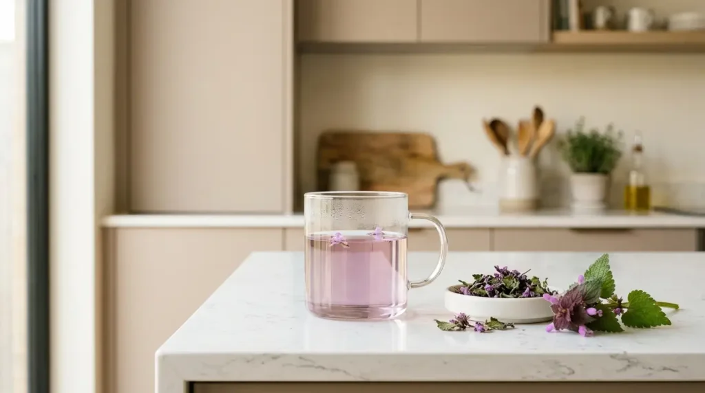 purple dead nettle tea benefits — glass mug of pale pink-purple tea with dried purple dead nettle flowers and sprig on white kitchen counter