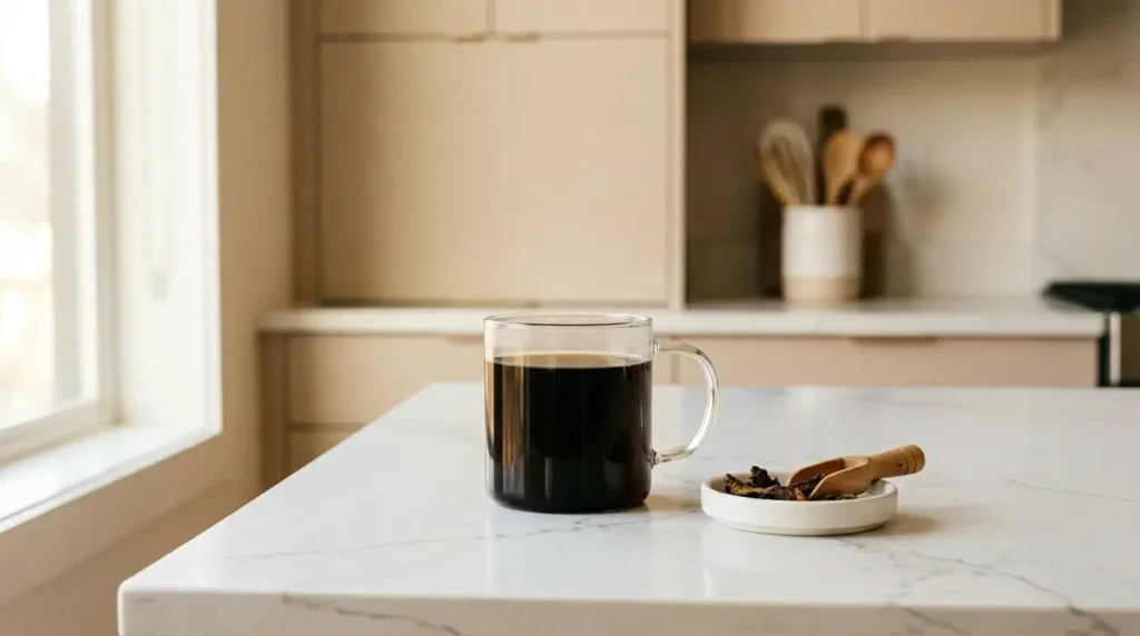 roasted dandelion root tea as a coffee alternative — dark amber mug of roasted dandelion tea with dark root pieces on white kitchen counter