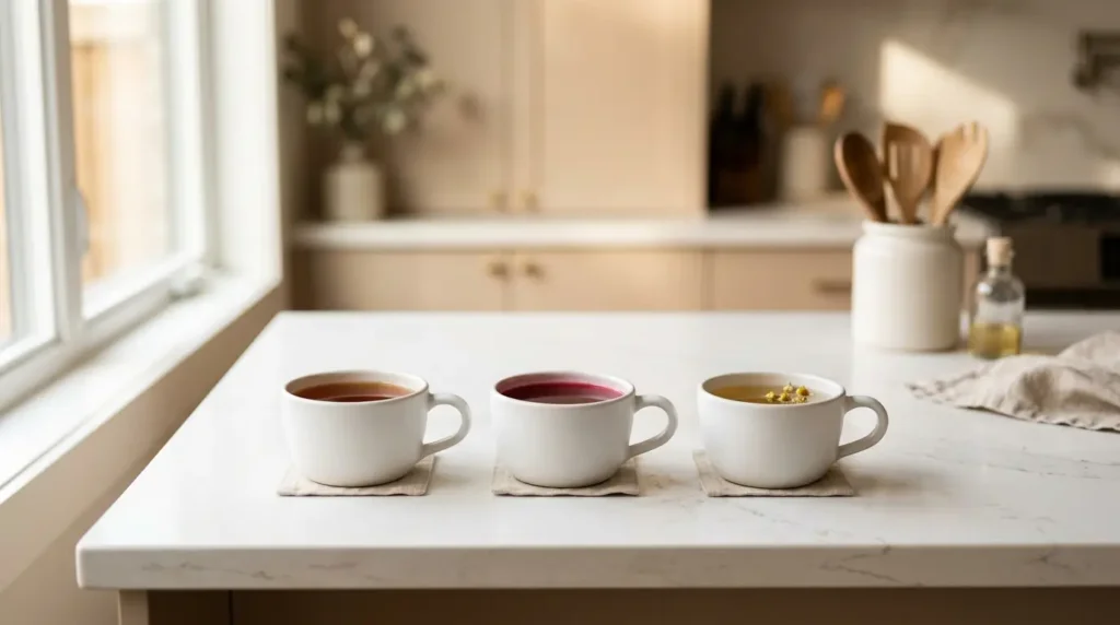 rooibos hibiscus and chamomile herbal tea comparison — three teas in white cups showing amber red and golden colors on white kitchen counter