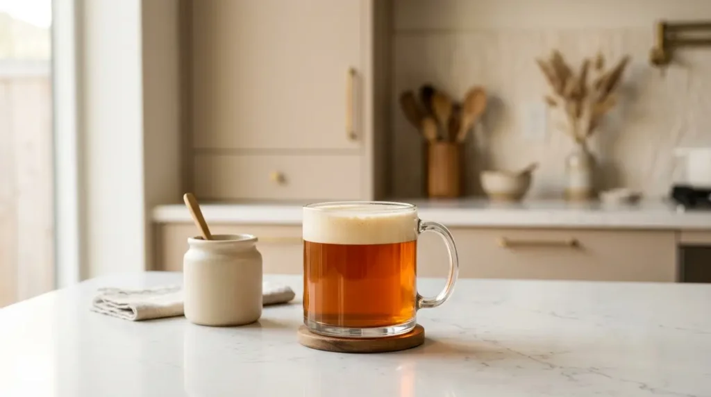 rooibos tea latte with oat milk — warm amber rooibos latte in a glass mug as an evening ritual on white kitchen counter