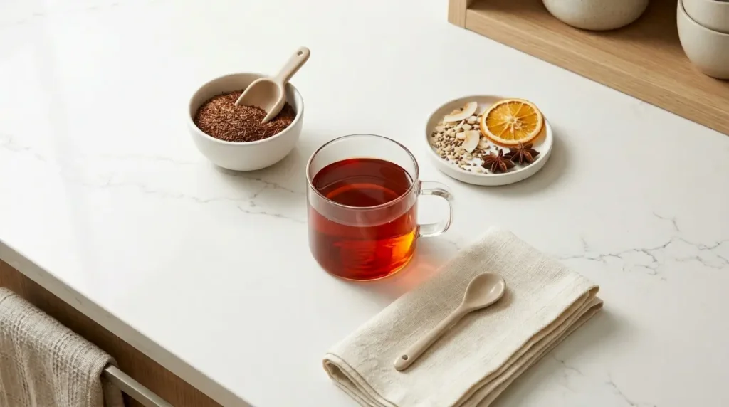 rooibos tea antioxidants — flat lay of rooibos tea with loose leaves and dried berries showing its rich antioxidant profile on white kitchen counter