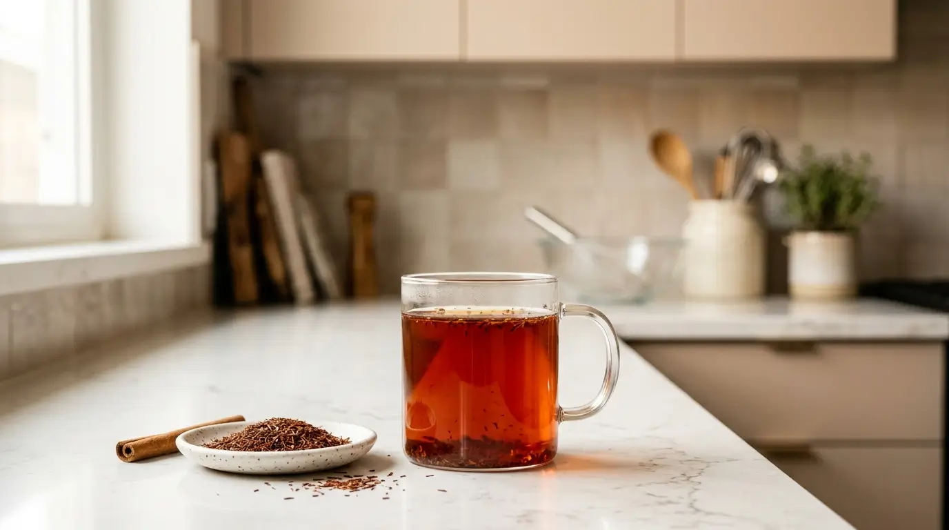 rooibos tea benefits — clear glass mug of deep amber rooibos tea with loose rooibos leaves and cinnamon on white kitchen counter
