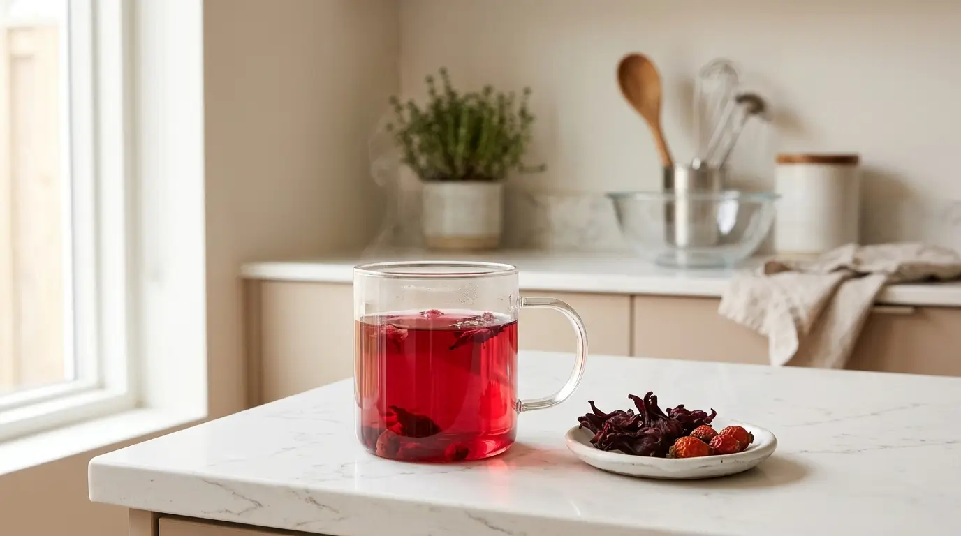 rosehip and hibiscus tea benefits — glass mug of deep ruby-pink tea with dried hibiscus and rosehip on white kitchen counter