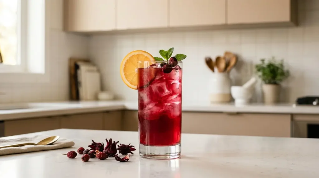 rosehip and hibiscus iced tea cold brew — tall glass of deep ruby-pink tea over ice with orange slice on white kitchen counter