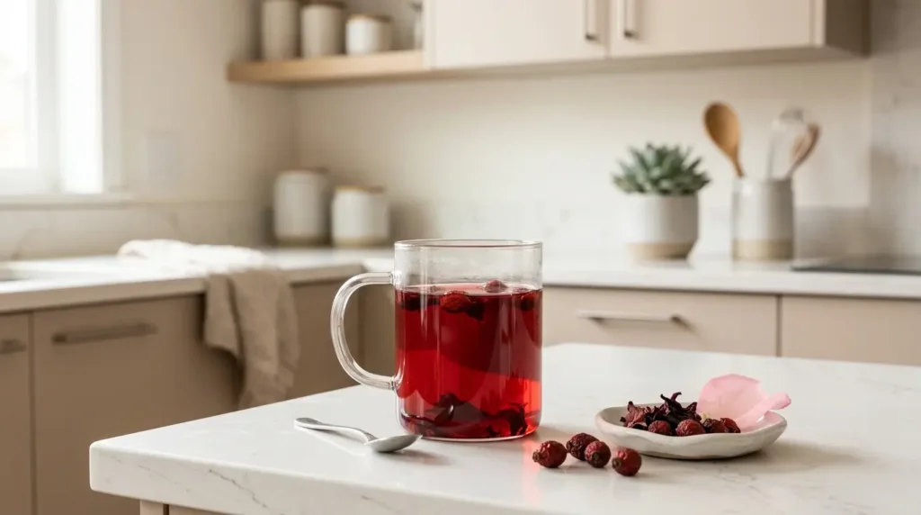 rosehip and hibiscus tea for skin and vitamin C — glass mug with dried rosehips and rose petal on white kitchen counter