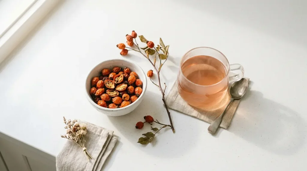 rosehip tea benefits — dried rosehip berries in a bowl with a sprig and glass of rosehip tea on white kitchen counter