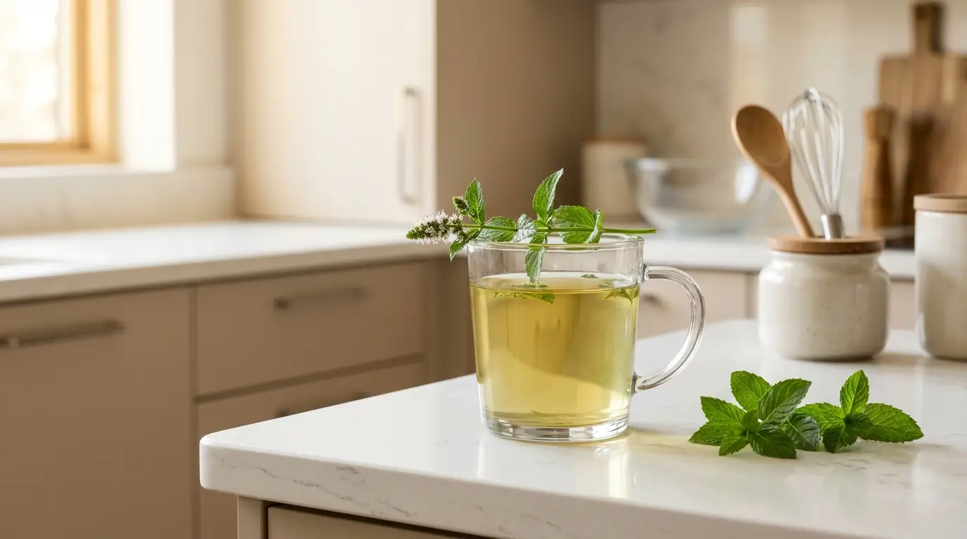 spearmint tea benefits — clear glass mug of pale golden spearmint tea with fresh spearmint sprig on white kitchen counter