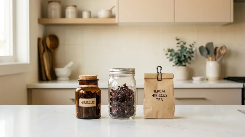 storing dried hibiscus flowers for tea — amber jar glass mason jar and kraft bag on white kitchen counter