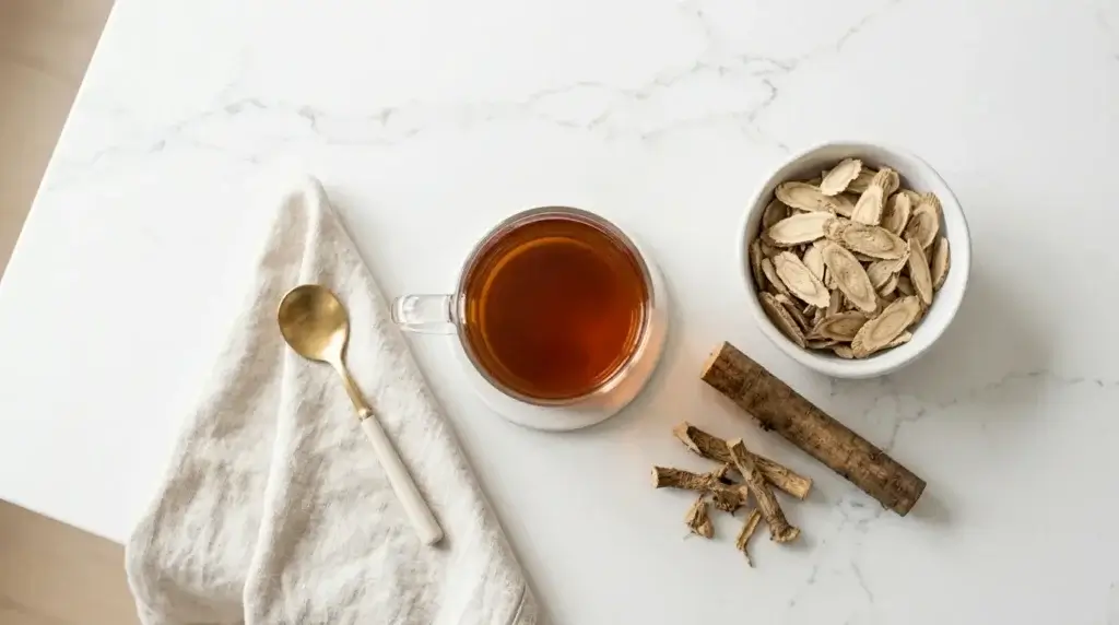 burdock root tea liver detox — flat lay of burdock root tea with dried root slices and dandelion root on white kitchen counter