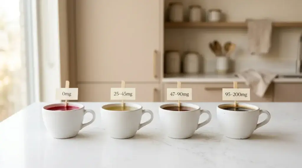 hibiscus tea caffeine comparison — four cups showing hibiscus at 0mg green tea black tea and coffee with their caffeine levels on white kitchen counter
