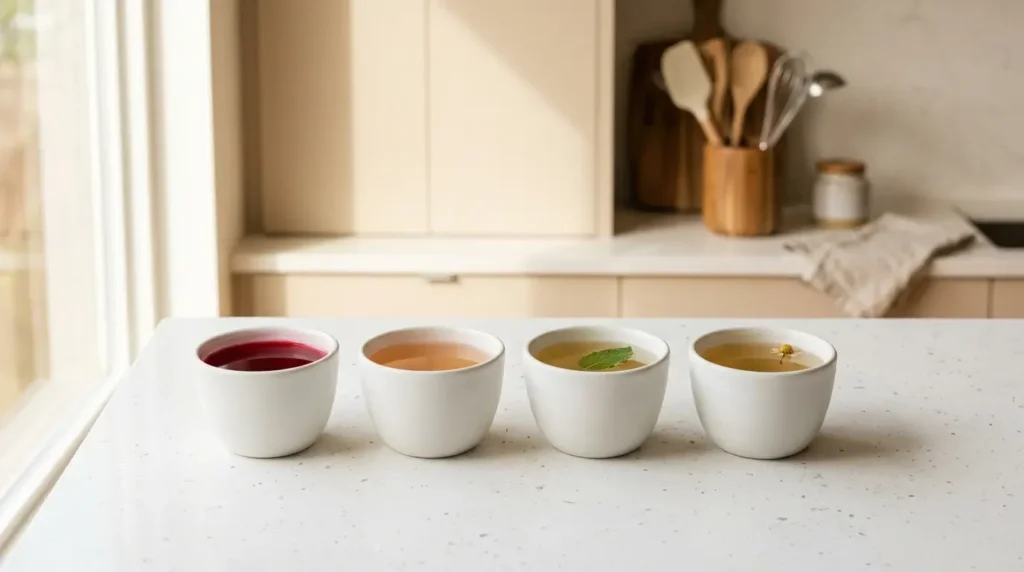 hibiscus red clover spearmint and chamomile teas for menopause — four cups showing red pink green and golden herbal teas on white kitchen counter