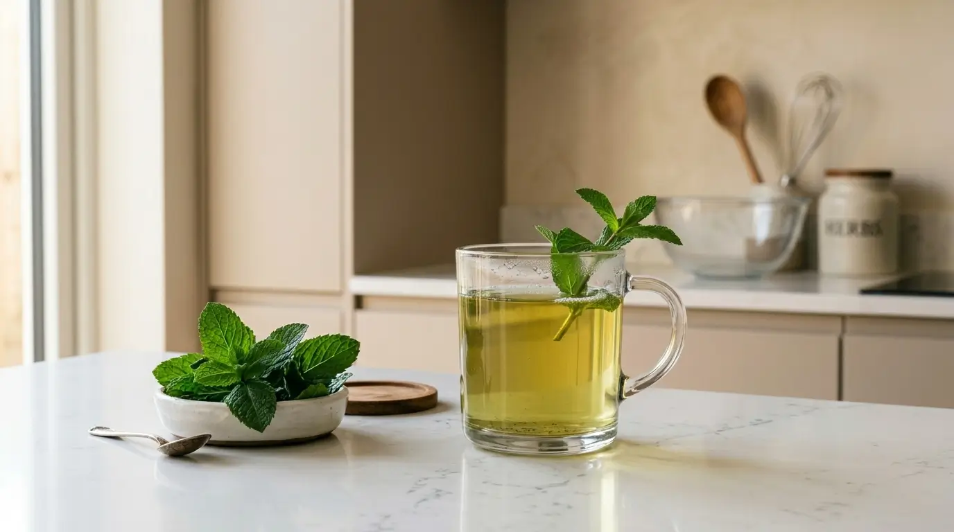 peppermint tea benefits — clear glass mug of pale golden peppermint tea with fresh peppermint sprig on white kitchen counter