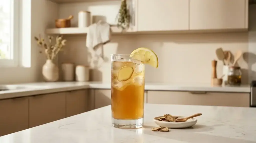 burdock root tea for skin — cold glass of burdock root tea with ginger and lemon on white kitchen counter