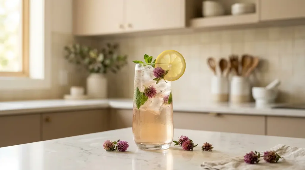 red clover iced tea — tall glass of cold pale pink red clover tea over ice with lemon on white kitchen counter