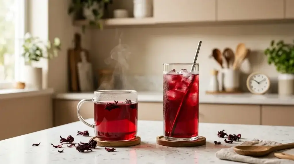 hibiscus tea caffeine free any time — hot and cold hibiscus tea side by side showing flexibility to drink at any time of day on white kitchen counter