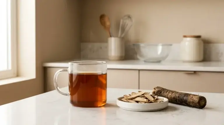 burdock root tea benefits — clear glass mug of dark amber burdock root tea with dried root slices on white kitchen counter