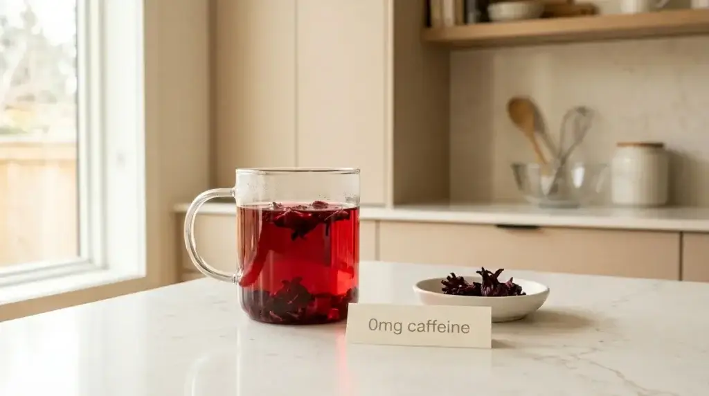 does hibiscus tea have caffeine — glass of red hibiscus tea with zero caffeine label on white kitchen counter