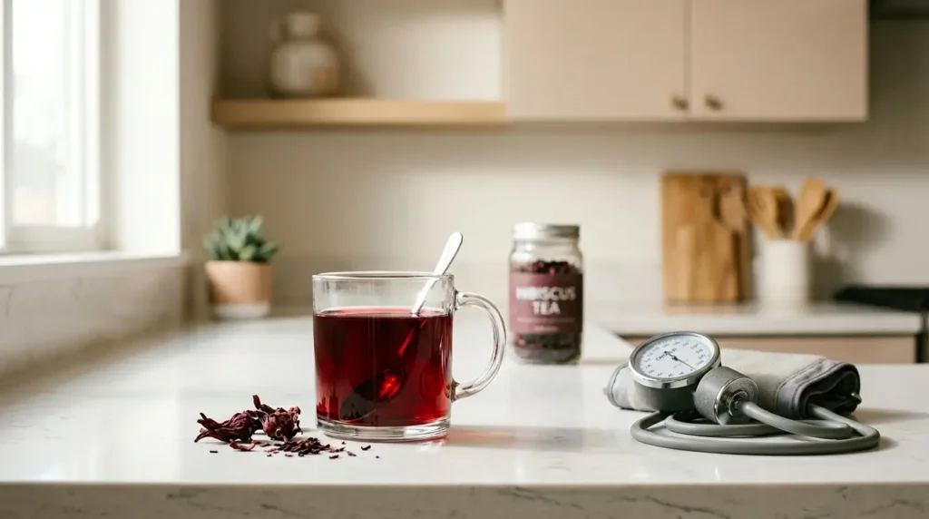 hibiscus tea for menopause blood pressure — glass of red hibiscus tea with blood pressure monitor on white kitchen counter