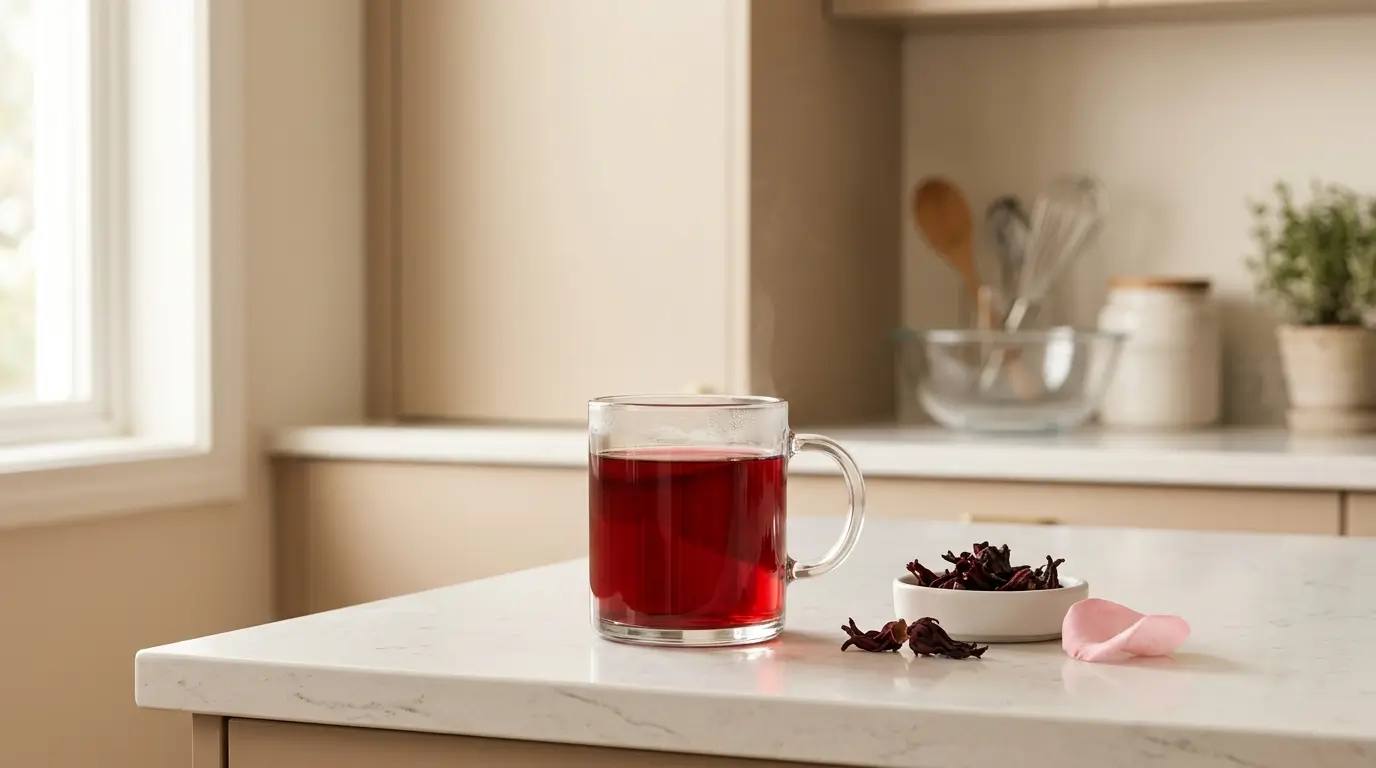 hibiscus tea for menopause — glass of deep red hibiscus tea with dried calyces and rose petal on white kitchen counter