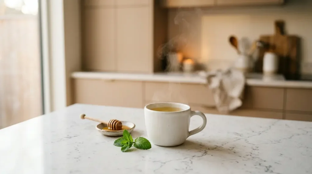 peppermint tea for sleep — small white ceramic mug of peppermint tea with fresh mint and honey as an evening ritual on white kitchen counter