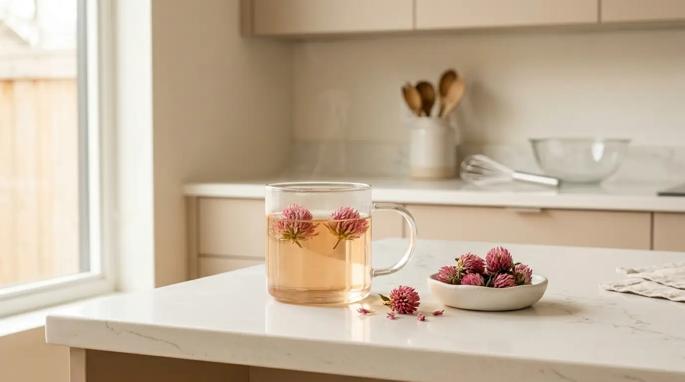ed clover tea benefits — clear glass mug of pale golden pink red clover tea with dried red clover flowers on white kitchen counter