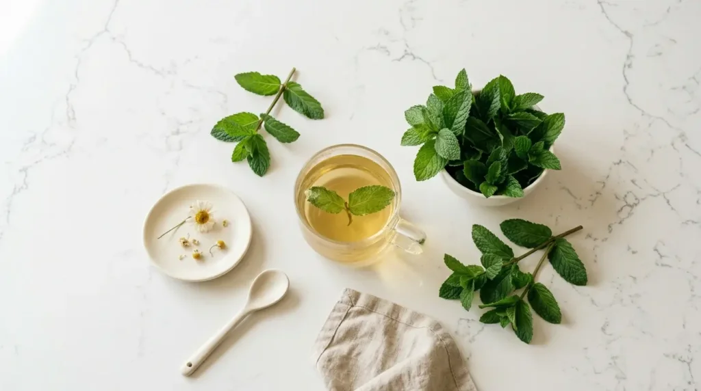 peppermint tea for bloating and digestion — flat lay of peppermint tea with fresh mint leaves on white kitchen counter