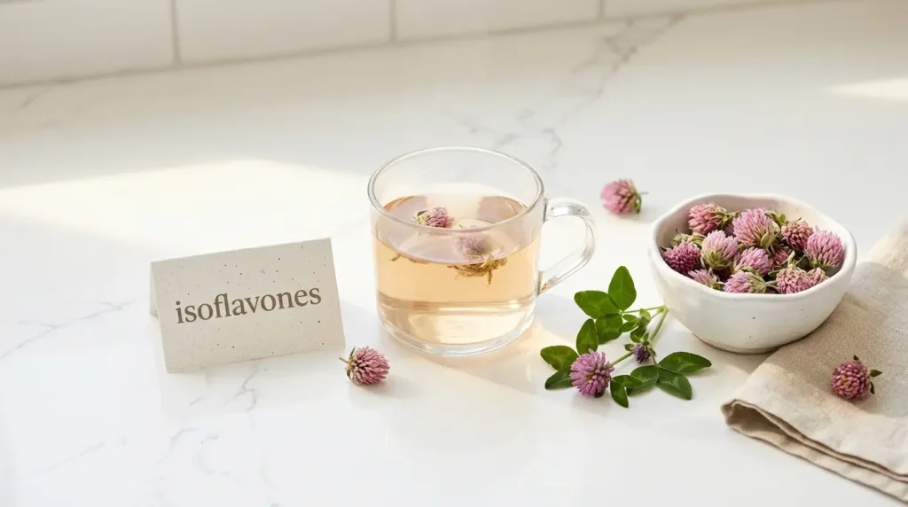 red clover tea isoflavones menopause — flat lay of red clover tea with dried flowers and isoflavones label on white kitchen counter