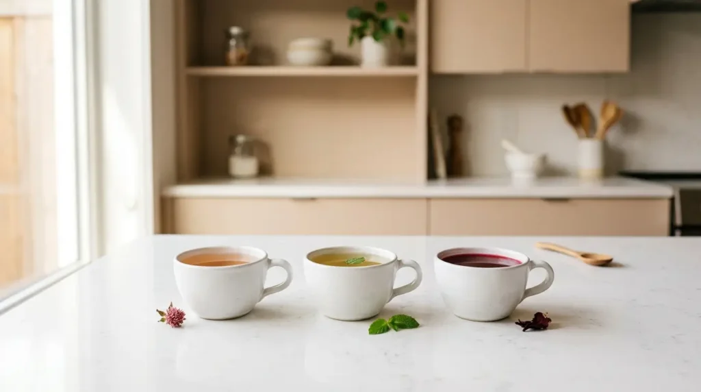 red clover spearmint and hibiscus women's wellness teas — three cups showing pale pink golden and red herbal teas on white kitchen counter